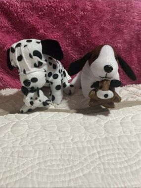 Plush Puppy Pair - White & Black Spot and White & Brown Cuddly Dogs
